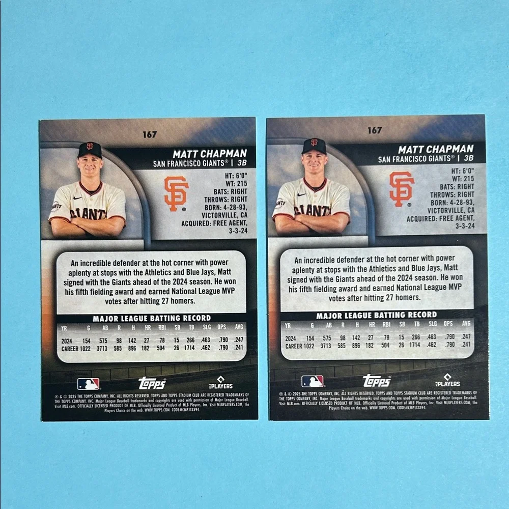 Matt Chapman San Francisco Giants 2 2025 Topps Stadium Club cards #167, pink+